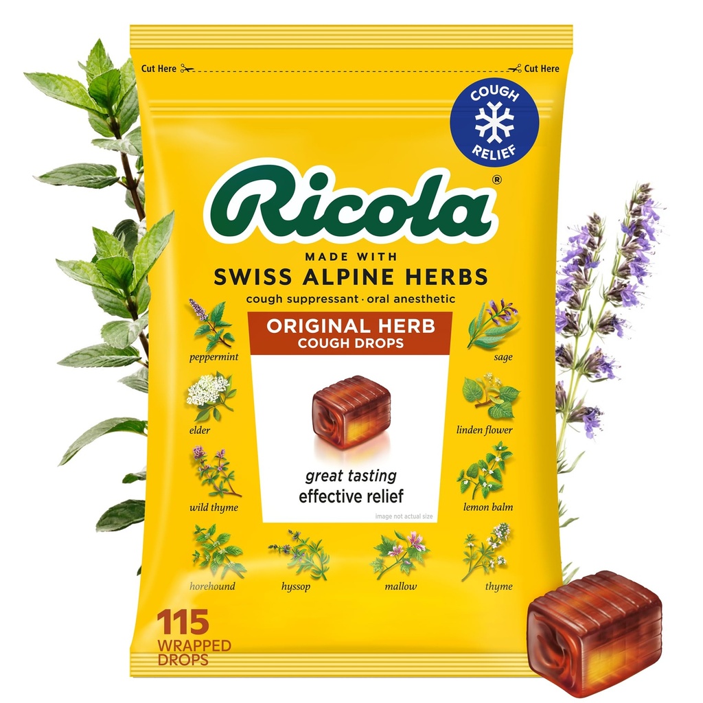 Ricola Original Herb Cough Drops, 115 Count, Βήχας Καταπιεστικό & Λαρύγγι Ανακουφίζει σταγόνες με φυσικώς πηγασμένη Μέντχολ, Ευχάριστη γεύση βοτάνων & Λαρύγγι Ερεθιστικό Σύμπτωμα Ανακούφιση
