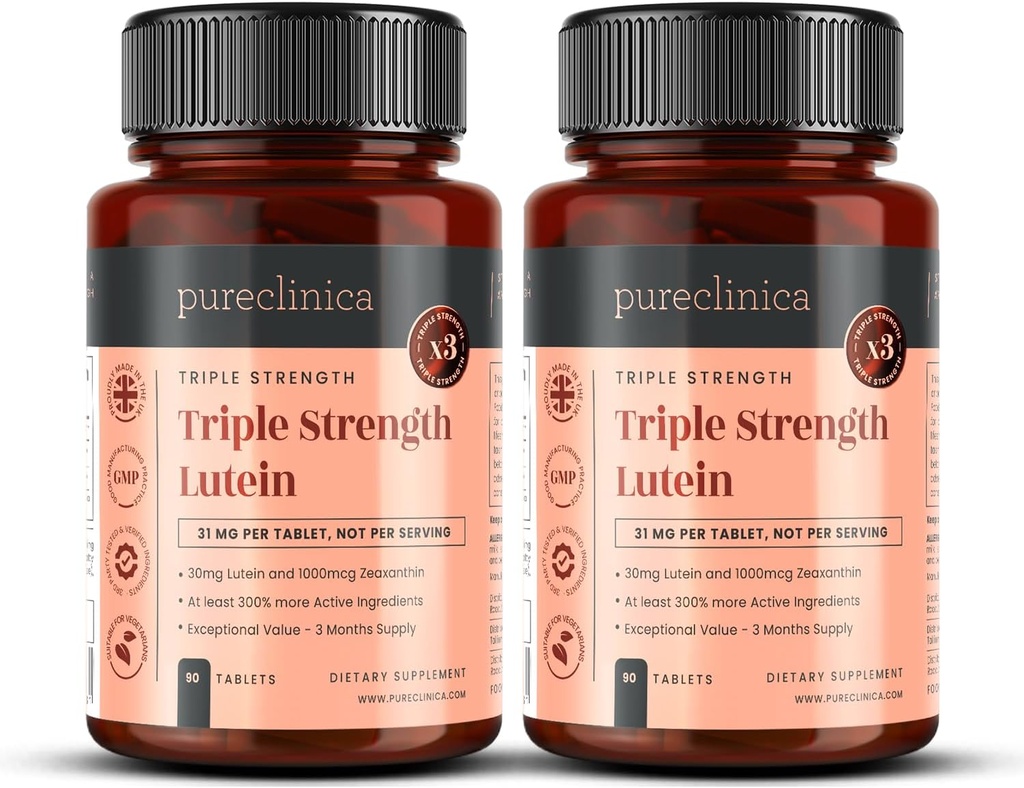 Pureclinica Lutein 30mg x 180 δισκία (2 φιάλες με 90 δισκία σε κάθε ένα). με 1000mcg Zeaxanthin. 3 x Η Δύναμη των Τακτικών Δισκίων Λουτεΐνης
