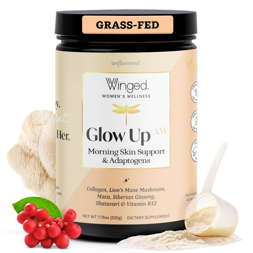 Winged Wellness Glow Up AM, Collagen Powder for Women - Πρωινό συμπλήρωμα ομορφιάς για το λαμπερό δέρμα με Grass-Fed Hydrolyzed Collagen Peptides, Mane & Maca Root - 21 Υπηρεσίες, Άγευστη