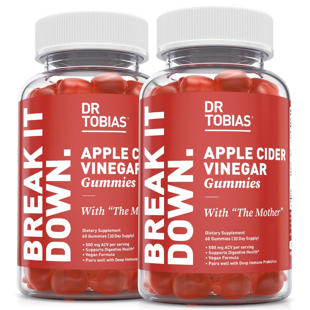 Dr. Tobias Apple Cider Vinegar Gummies with The Mother, 500mg ACV per Serving, Plus Folate, B6, B12 & Iodine, Υποστηρίζει Digestive Health, Gut Cleanse & Detox, Vegan, 120 Gummies