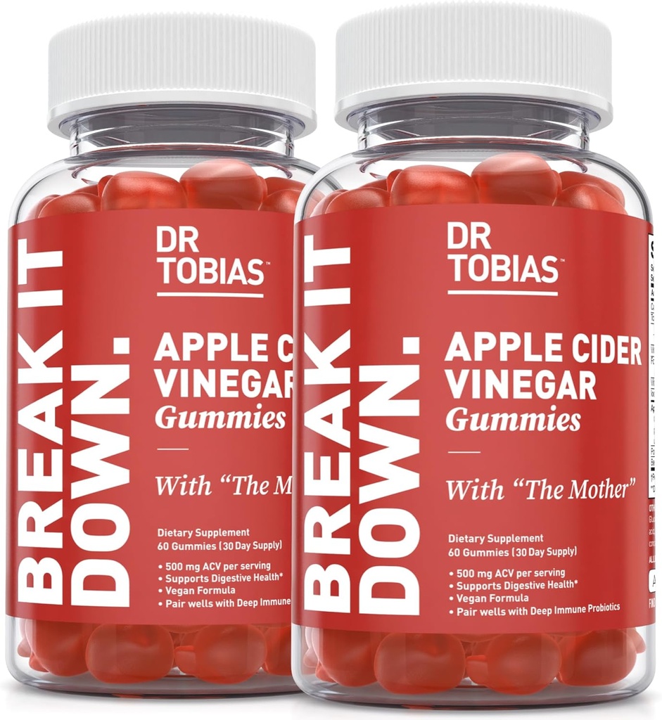 Dr. Tobias Apple Cider Vinegar Gummies with The Mother, 500mg ACV per Serving, Plus Folate, B6, B12 & Iodine, Υποστηρίζει Digestive Health, Gut Cleanse & Detox, Vegan, 120 Gummies