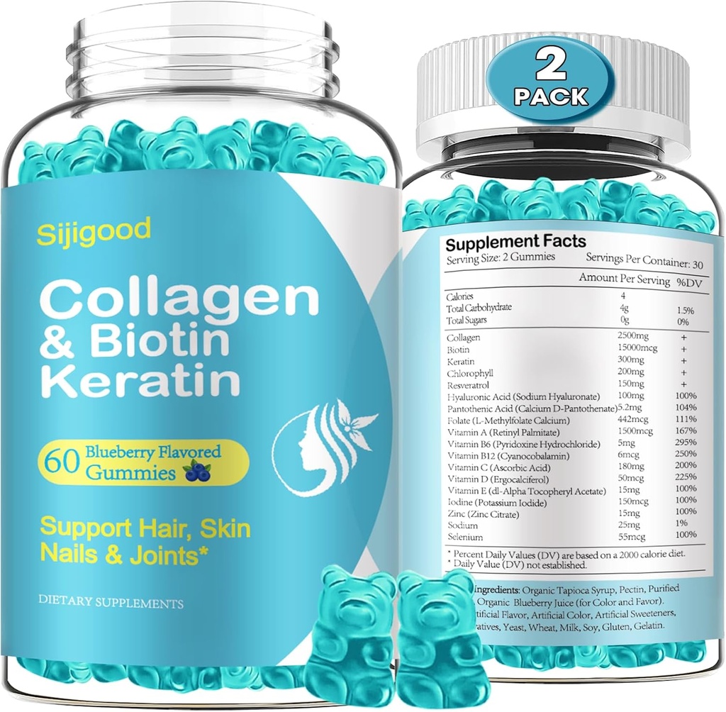 2 Συσκευασία Biotin Gummies με κολλαγόνο, κερατίνη, υαλουρονικό οξύ, βιταμίνη για το δέρμα, την ανάπτυξη των μαλλιών, νύχια, γυναίκες άνδρες ενήλικες παιδιά - βατόμουρο Γεύση, 120 Gummies
