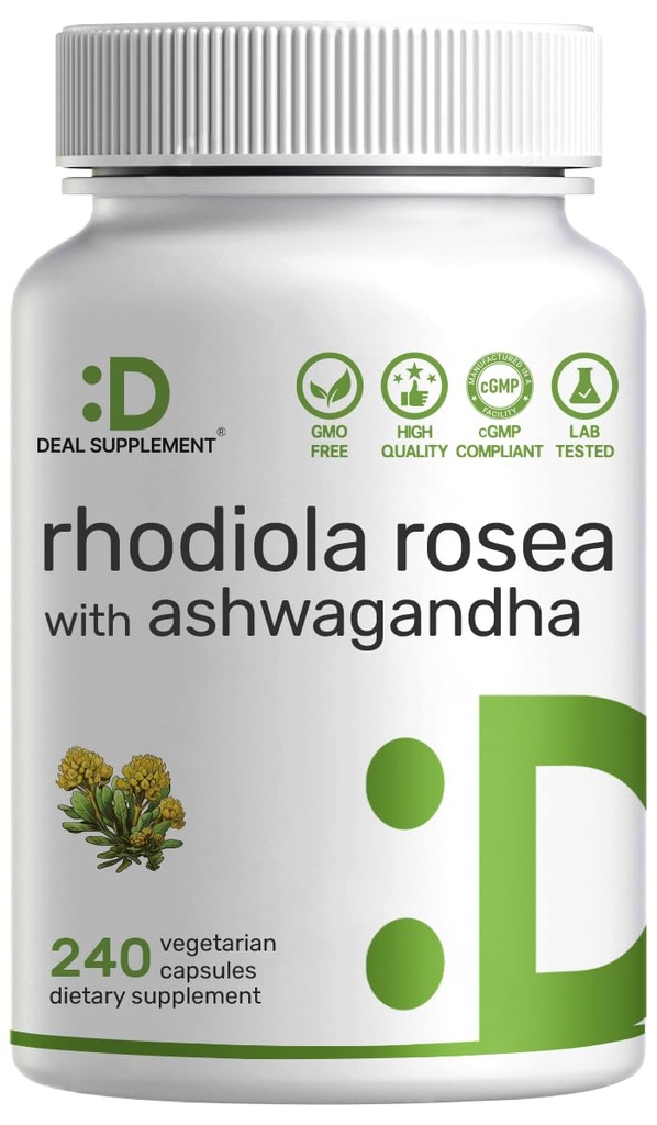 DEAL ΣΥΜΠΛΗΡΩΜΑ Rhodiola Rosea με Ashwagandha, 240 κάψουλες Veggie – Max Strength 10:1 Root Extract – Προσαρμόσιμα συμπληρώματα για χαλάρωση, ενέργεια, & υγεία του εγκεφάλου* – Μη ΓΤΟ