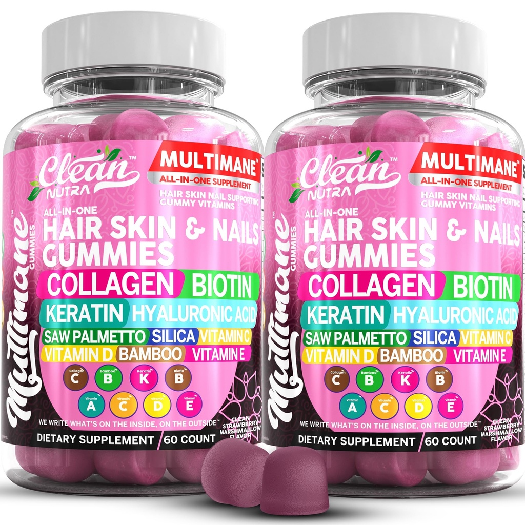 Clean Nutraceuticals Biotin Collagen Keratin Gummies | Hair Skin and Nails Vitamins for Women | Hyaluronic Acid Bamboo Vitamin A C D3 E Folate with Saw Palmetto Silica B3 B12 Vegan Gummy