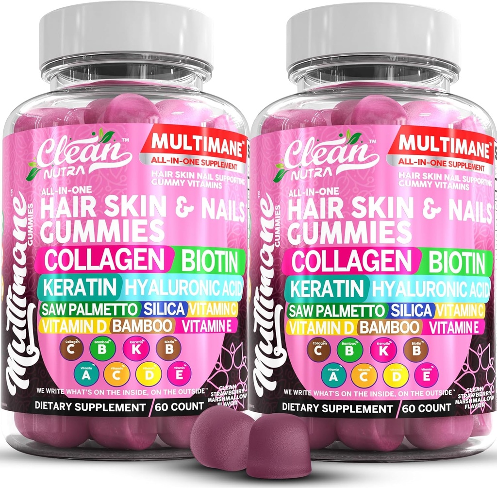 Multimane Collagen Gummies με Biotin Keratin Hyaluronic Acid Bamboo Vitamin A C Βιταμίνη D Βιταμίνη Ε Folate Saw Palmetto Silica B3 Βιταμίνες Δέρμα μαλλιών και νύχια Gummies by Clean Nutra