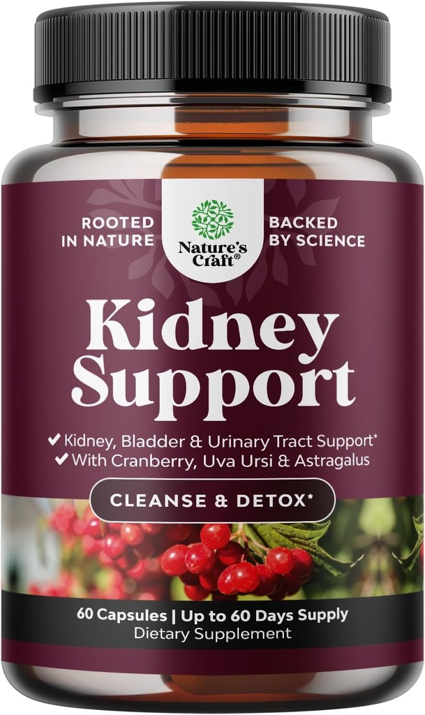 Advanced Kidney Support Supplement - Kidney Cleanse Detox & Repair Cranberry Extract Κάψουλες με Uva Ursi, Stinging Nettle & Astragalus για την υγεία των νεφρών - ούρα Φυλλαδική Υγεία - 60 Caps