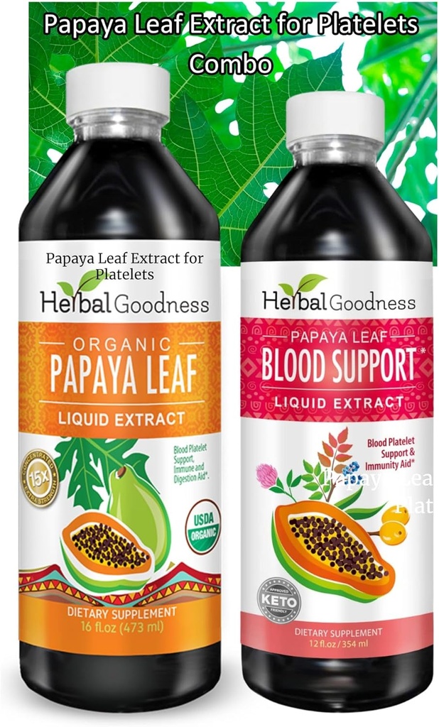 Papaya Leaf Extract Bundle - Digestive and Blood support Combo, 2 Μονάδες, 12oz και 16oz Non GMO - Φυτική καλοσύνη