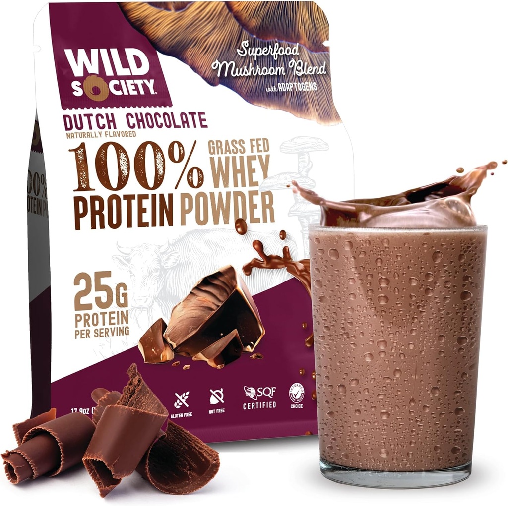 WILD SOCIETY - Premium 100% Grass Fed Whey Protein Powder + Superfood Μανιτάρια & Adaptogens - 25g πρωτεΐνη, καθαρή πρωτεΐνη σκόνη, 0 Προστιθέμενη ζάχαρη, μη ΓΤΟ, χωρίς γλουτένη - Ολλανδική σοκολάτα - 17,9 oz