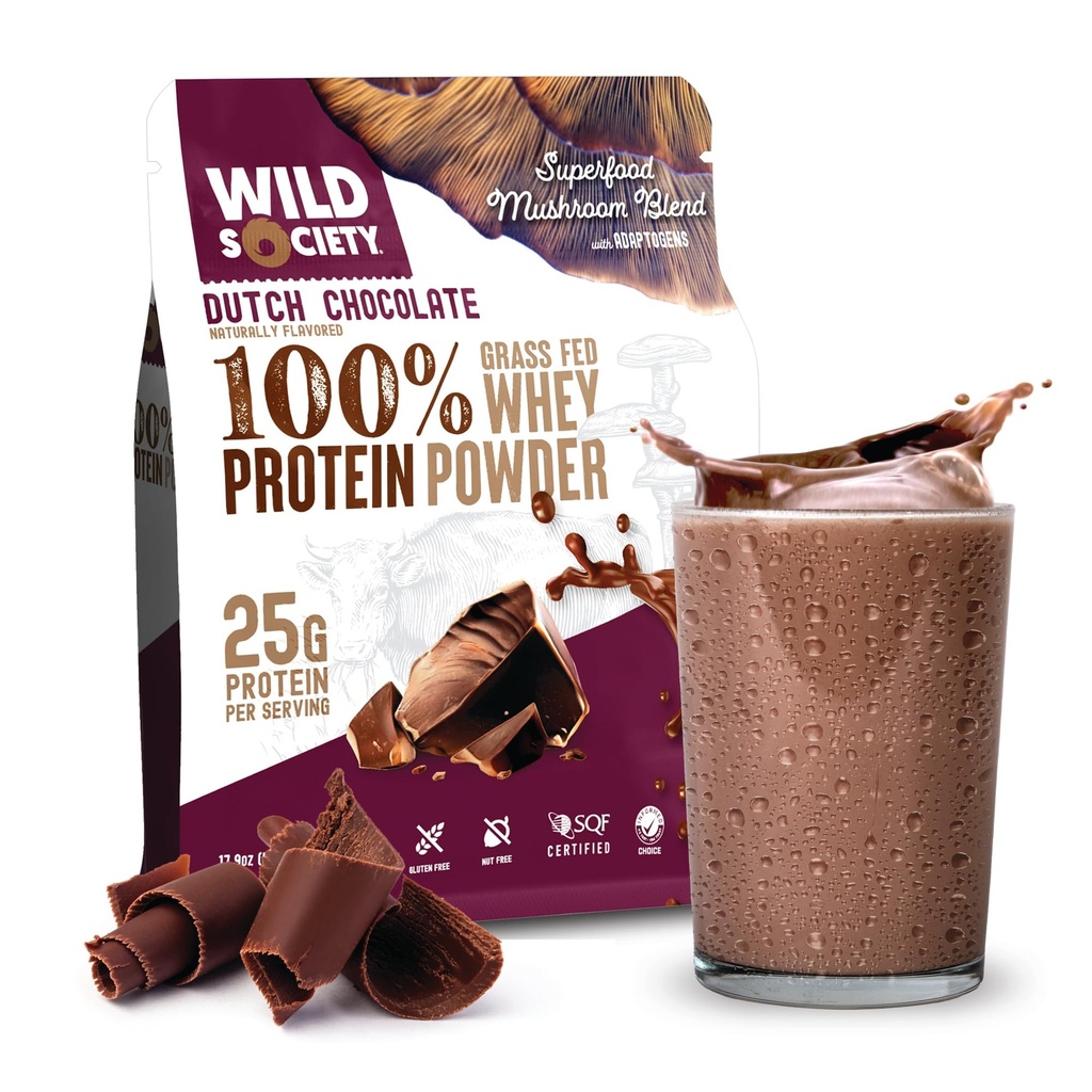 WILD SOCIETY - Premium 100% Grass Fed Whey Protein Powder + Superfood Μανιτάρια & Adaptogens - 25g πρωτεΐνη, καθαρή πρωτεΐνη σκόνη, 0 Προστιθέμενη ζάχαρη, μη ΓΤΟ, χωρίς γλουτένη - Ολλανδική σοκολάτα - 17,9 oz