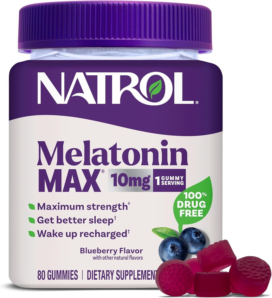 Natrol Melatonin 10mg συμπλήρωμα βοήθειας για τον ύπνο, 80 Count MelatoninMax Gummies, Blueberry Flavor, 10 mg Melatonin Gummies για περιστασιακή αϋπνία, 80 ημέρες εφοδιασμού