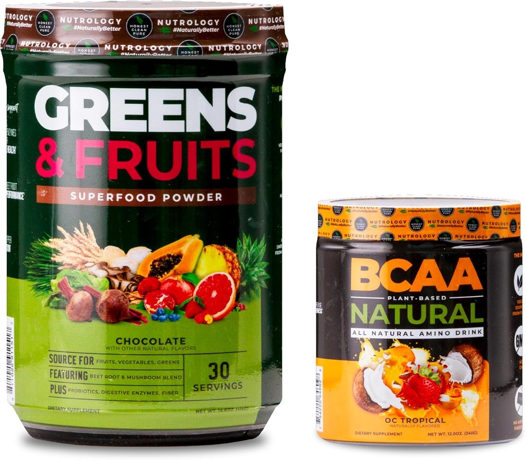 Nutrology Πράσινα & Φρούτα Σκόνη-Φυσικά πηγασμένα Superfood, Σοκολάτα (30 σερβιρίσματος) BCAA Natural, Plant Based BCAA Powder, Orange Coconut Flavor (30 σερβιρίσματος)