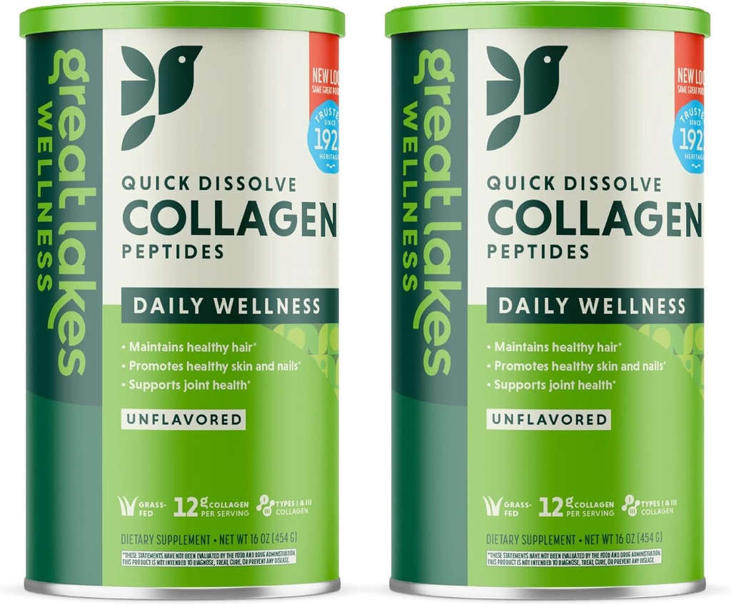 Μεγάλες Λίμνες Wellness Collagen Peptides Σκόνη για το δέρμα, τα μαλλιά, τα νύχια, τις αρθρώσεις & την πέψη - Άγευστη - Γρήγορη διάλυση υδρολύθηκε, μη GMO, Keto, Kosher - 16 oz - 2 Pack - Συσκευασία Μαΐου Vary