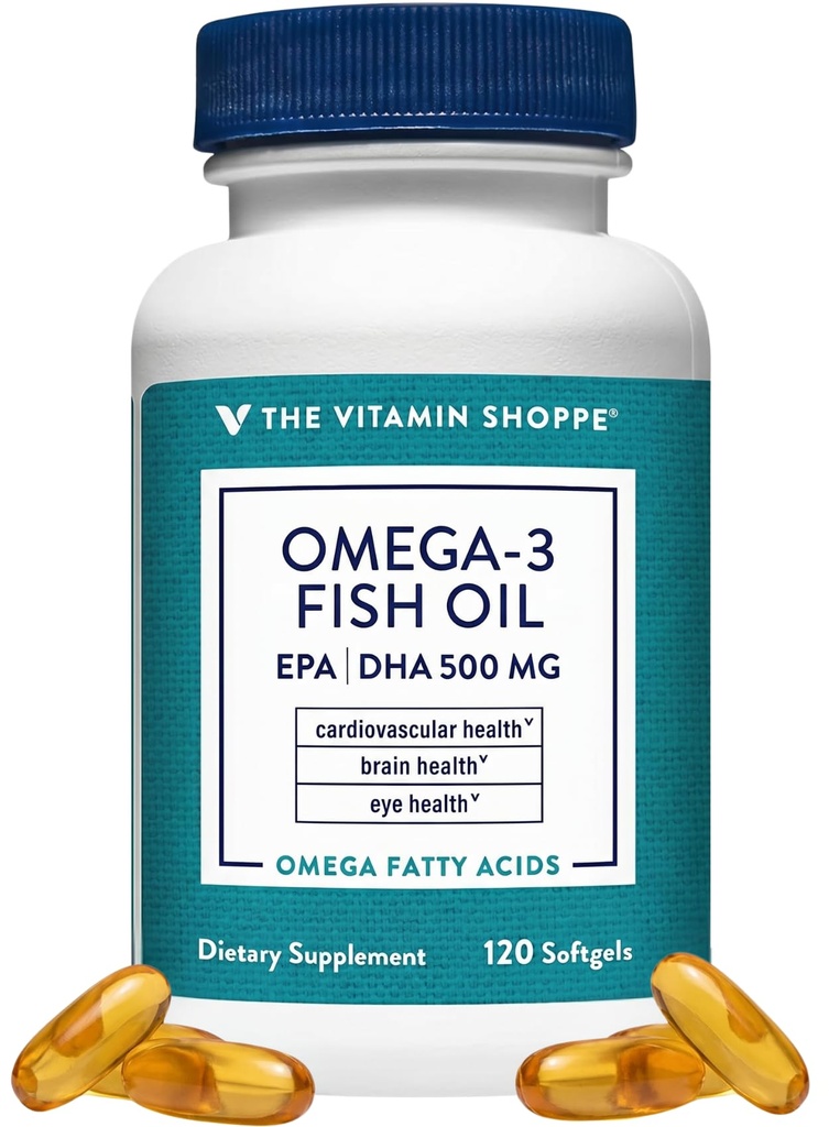 The Vitamin Shoppe Omega 3 Fish Oil 1000mg, EPA 300mg & DHA 200mg, Καθαρότητα Εξασφαλισμένη, Μοριακά Αποσταγμένο για να υποστηρίξει την καρδιοαγγειακή, κοινή και εγκεφαλική υγεία (120 Softgels)