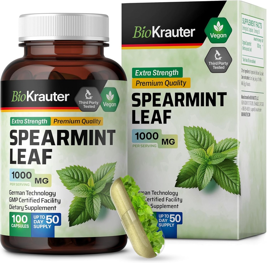 BIO KRAUTER Spearmint Caps 1000 mg - 100 Count - Vegan Spearmint Supplement for Digestive & αναπνευστική υποστήριξη - Mentha Spicata - Χωρίς πληρωτικά