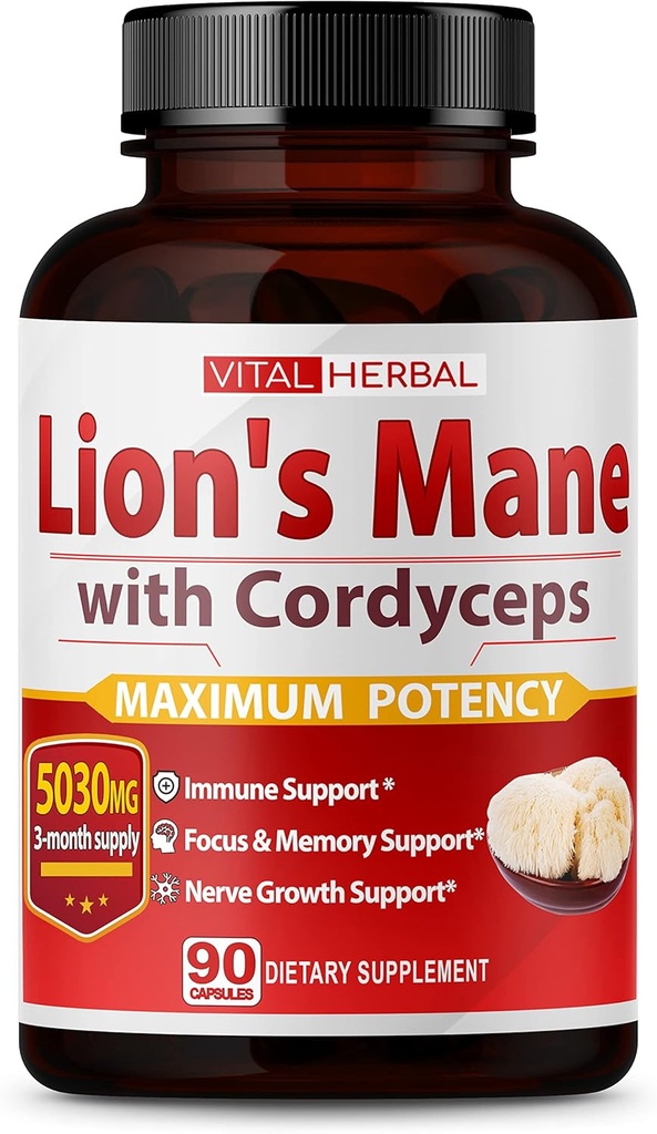 VITAL HERBAL Lions Mane Mushroom με κάψουλες Cordyceps Ισοδύναμο με 5030mg - Μέγιστη ισχύς L-Theanine Ashwagandha συμπλήρωμα εγκεφάλου για Focus Memory Energy Mood Υποστήριξη 90 ημερών