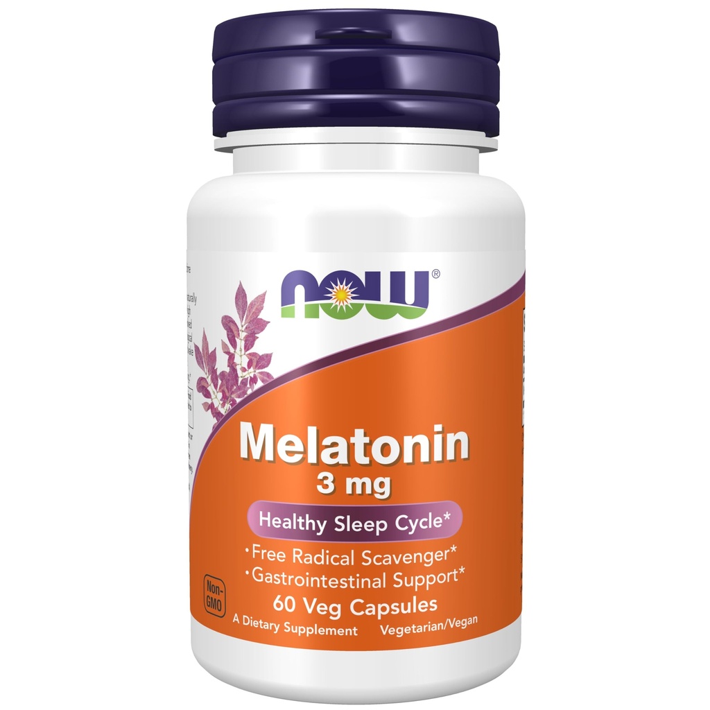 NOW Συμπληρώματα Τροφίμων, Μελατονίνη 3 mg, Free Radical Scavenger*, Healthy Sleep Cycle*, 60 Veg Κάψουλες