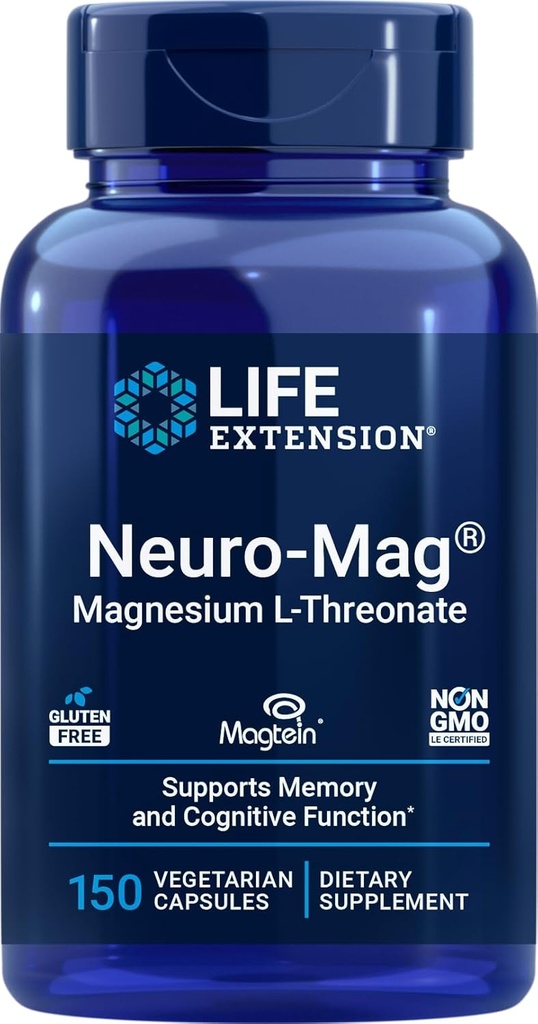 Life Extension Neuro-Mag Magnesium L-Threonate, 150 Vegetarian Capsules, Magtein Supplement for Women and Men