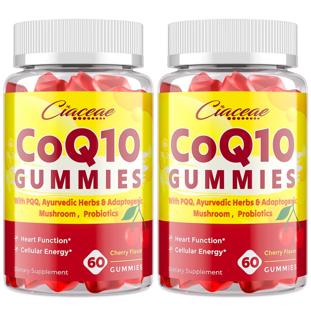 CoQ10 Gummies με PQQ - 400 MG Συνένζυμο Q10 Υψηλής Ικανότητας, Ενισχυμένο με Αγιουρβεντικά Βότανα, Adaptogenic Mushroom Blend & Probiotics για Καρδιά, Εγκέφαλο, Ενέργεια, Ανοσία, Κεράσι Γεύση, 120 Vegan Gummies