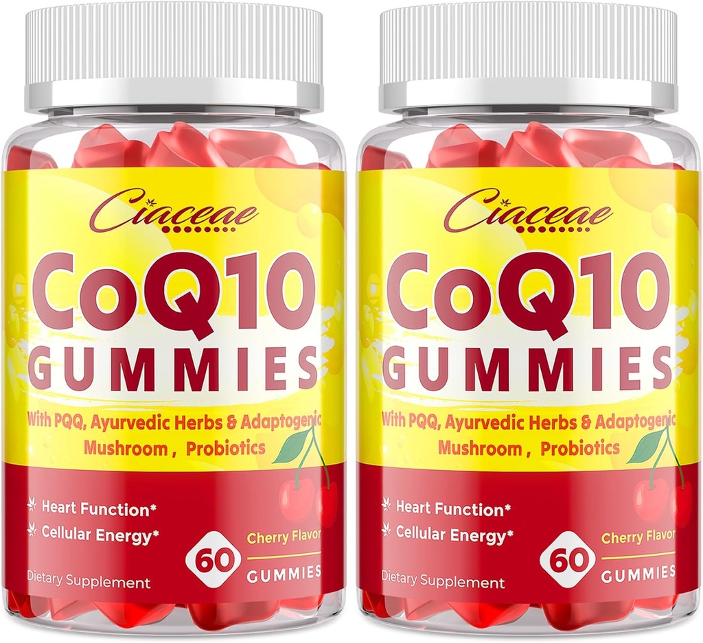 CoQ10 Gummies with PQQ - 400 MG Coenzyme Q10 High Potency, Enhanced with Ayurvedic Herbs, Adaptogenic Mushroom Blend & Probiotics for Heart, Brain, Energy, Immunity, Cherry Flavor, 120 Vegan Gummies