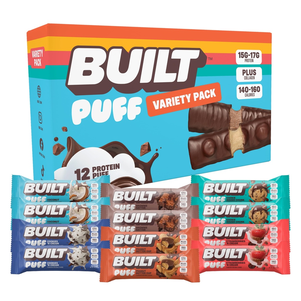 Χτισμένη μπάρα, Puff Protein Bars, Variety Pack, Collagen, On-the-go Snacks, Breakfast Bar, Mixed Sampler, 12 Pack