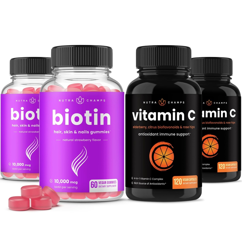 NutraChamps Biotin Gummies (2 Pack) και καψάκια βιταμίνης C (2 Pack) 4 Pack Bundle
