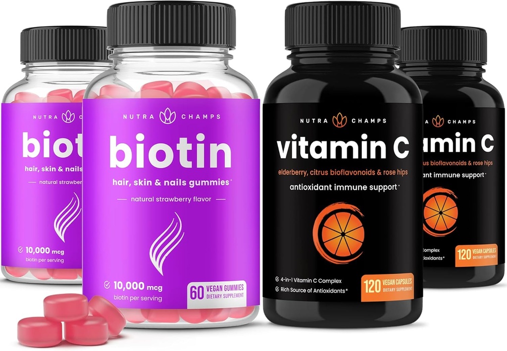 NutraChamps Biotin Gummies (2 Pack) και καψάκια βιταμίνης C (2 Pack) 4 Pack Bundle