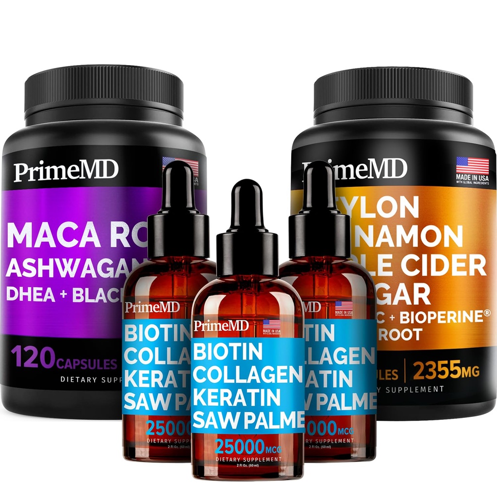 5-σε-1 Ceylon Κανέλα (120ct), 4-σε-1 Biotin Collagen Keratin Saw Palmetto (2 fl oz - 3 Pack) & 6-σε-1 Maca Root Ashwagandha (120ct) Bundle - Ενέργεια, Mood, Hair, Skin & Immune Supplement Υποστήριξης