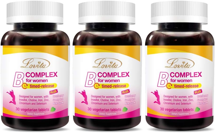 Lovita High Potent Vitamin B Complex για γυναίκες, Timed Release, Όλες οι βιταμίνες Β με σίδηρο, βιταμίνη C, Cranberry, Pine Bark, Πράσινο Τσάι για ενέργεια, 30 χορτοφαγικά δισκία (πακέτο των 3)