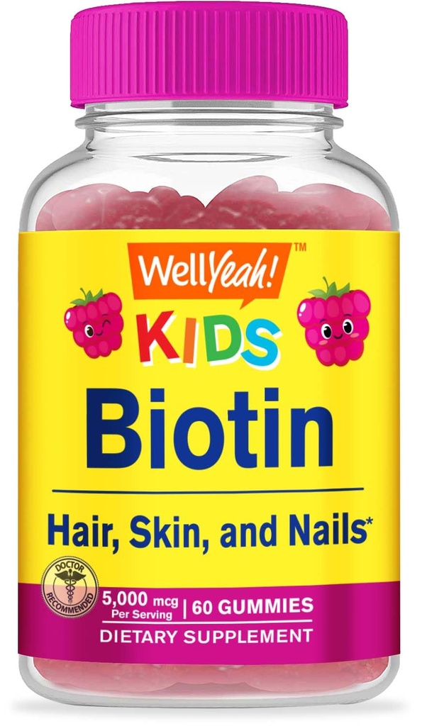 WellYeah Biotin Gummies for Kids 5000 mcg - Υποστηρίζει την ανάπτυξη των μαλλιών, την υγεία του δέρματος, και τα νύχια - Φυσικές πηγαίες γεύσεις - GMO δωρεάν, χωρίς γλουτένη - Gummy για αγόρια και κορίτσια - 60 κόμης