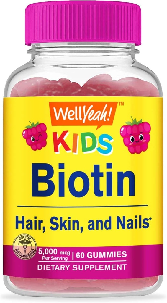 WellYeah Biotin Gummies for Kids 5000 mcg - Υποστηρίζει την ανάπτυξη των μαλλιών, την υγεία του δέρματος, και τα νύχια - Φυσικές πηγαίες γεύσεις - GMO δωρεάν, χωρίς γλουτένη - Gummy για αγόρια και κορίτσια - 60 κόμης