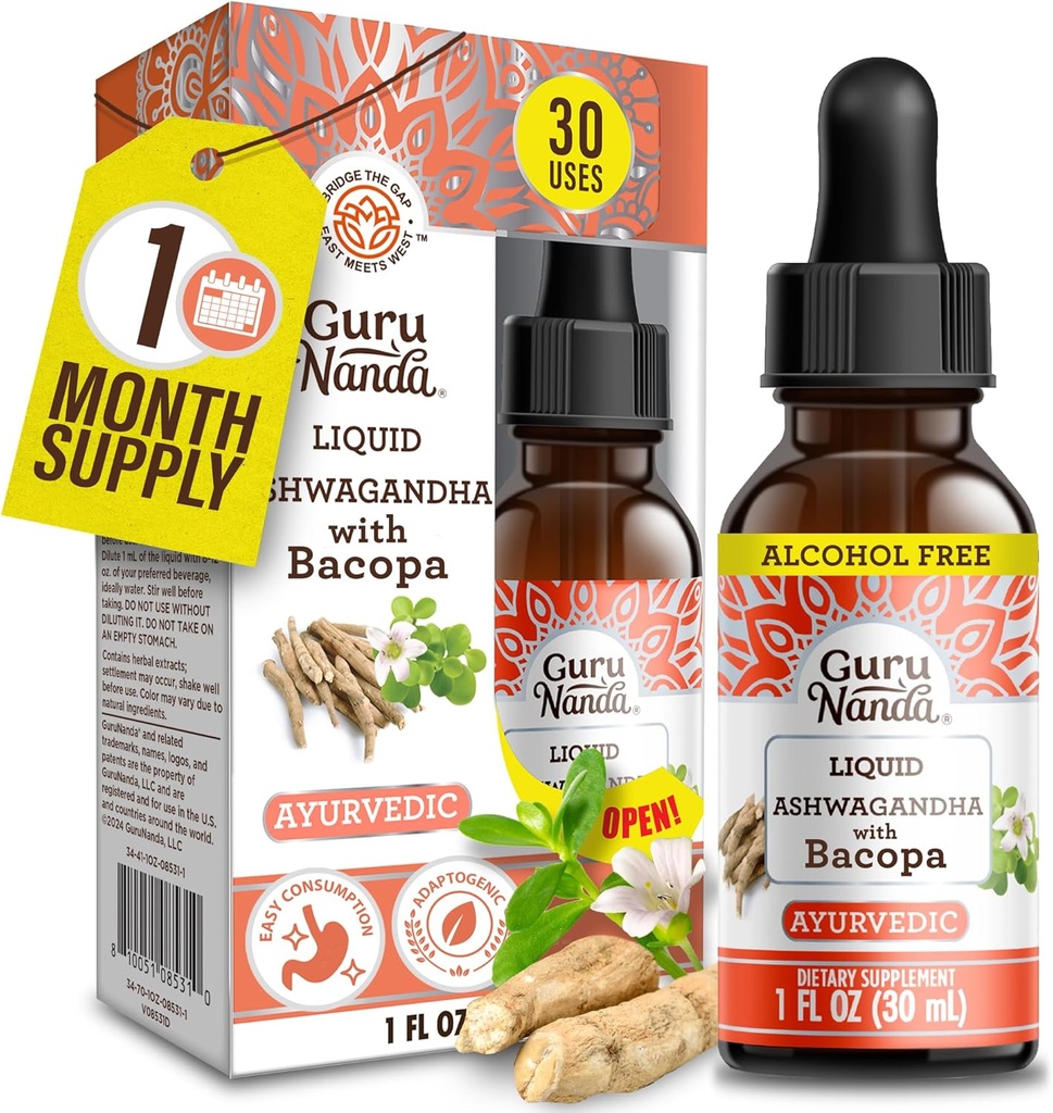 GuruNanda Liquid Ashwagandha με Bakopa (1 Fl Oz) - Φυσικό συμπλήρωμα διατροφής - σταγόνες υγρού εκχυλίσματος - για άνδρες & γυναίκες- Vegan & αλκοόλ-ελεύθερο - Βοηθήματα στην ανοσοποίηση, εστίαση και χαλάρωση