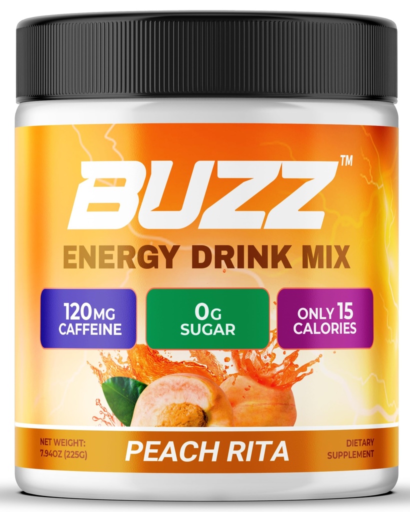 Morning Buzz Energy Drink Powder - Sugar Free Energy Drink Mix - Pre Workout Drink Mix with 18 Vitamins & Minerals, No Jitters, No Crash - Gluten Free, No Artificial Dye, Original Peach Rita Flavor