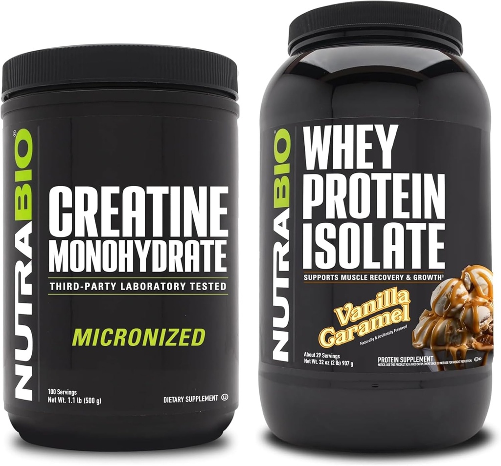 NutraBio Creatine Monohydrate, Unflavored, 500g και Whey Protein Isolate, Vanilla Caramel, συμπλήρωμα Bundle - μυϊκή ενέργεια, Lean μυϊκή ανάπτυξη, ανάκτηση, και δύναμη