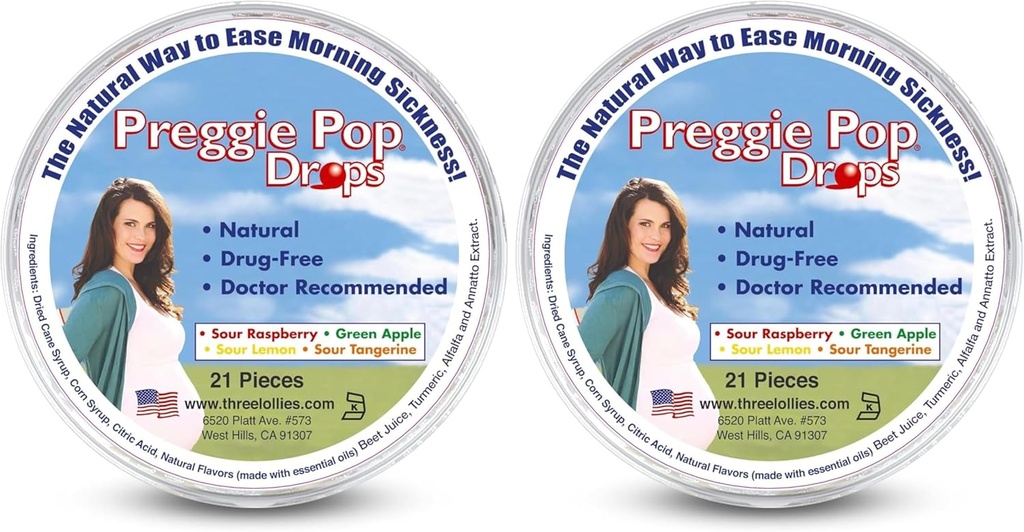Three Lollies Preggie Pop Drops - 21 Drops - Morning Sickness Relief During Pregnancy - Safe for Pregnant Mom & Baby - Gluten Free - Four Flavors: Lemon, Raspberry, Green Apple, Tangerine (Pack of 2)