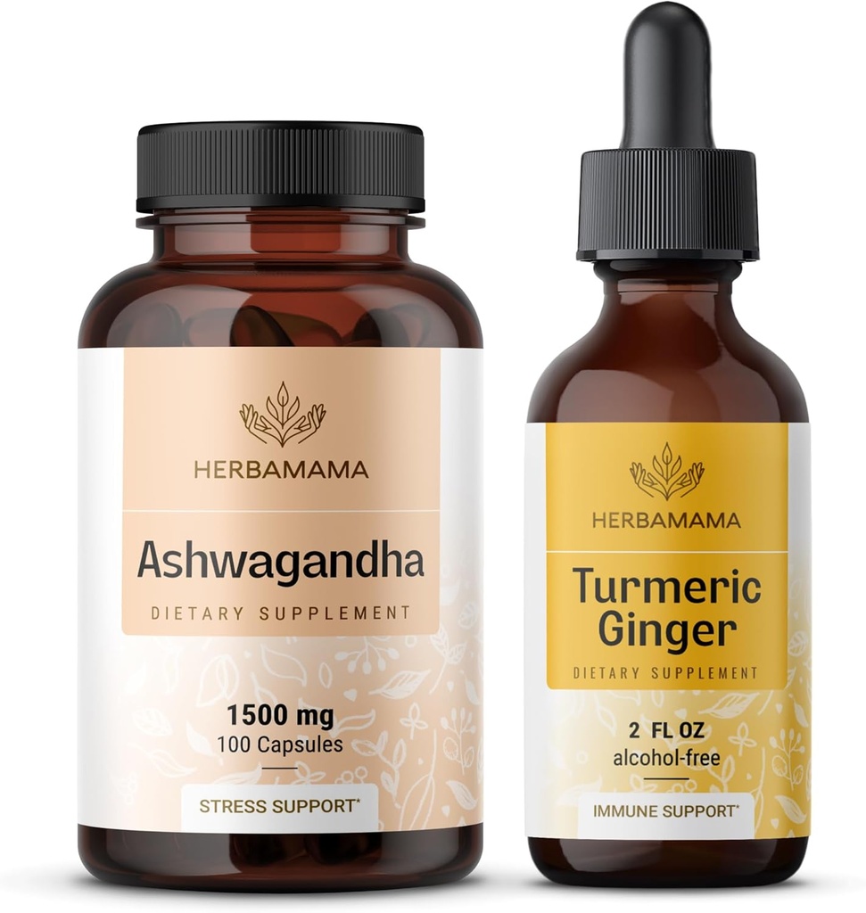 HERBAMAMA Ashwagandha and Turmeric Ginger Kit - Bundle of 1500 mg Ashwagandha Root Capsules & Turmeric Ginger Tincture 2 fl oz - Vegan, Non-GMO, Sugar & Alcohol-Free - 2 Pack