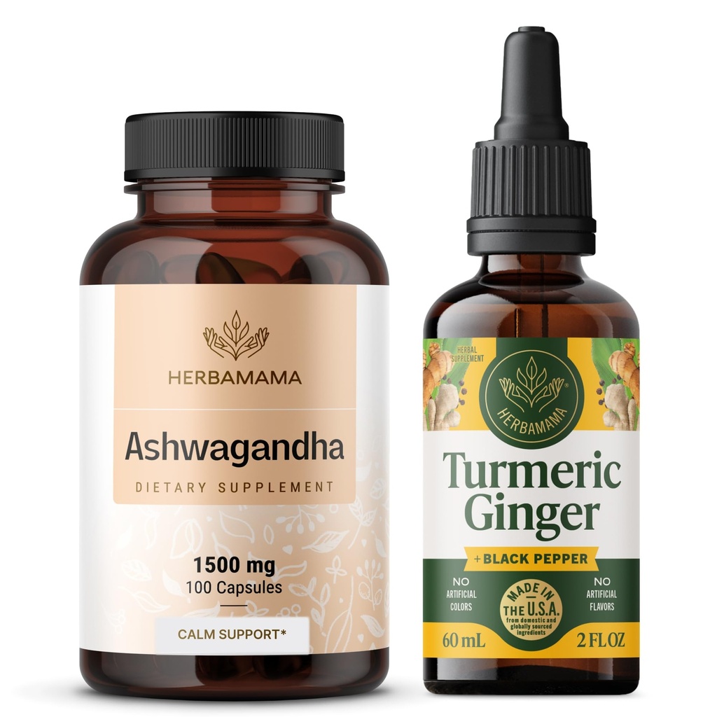 HERBAMAMA Ashwagandha and Turmeric Ginger Kit - Bundle of 1500 mg Ashwagandha Root Capsules & Turmeric Ginger Tincture 2 fl oz - Vegan, Non-GMO, Sugar & Alcohol-Free - 2 Pack
