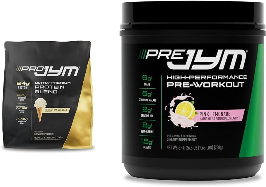 PRO JYM 45 Υπηρετεί Tahiti Vanilla + PRE JYM 30 Υπηρετεί ροζ λεμονάδα πριν από την προπόνηση powder bundle