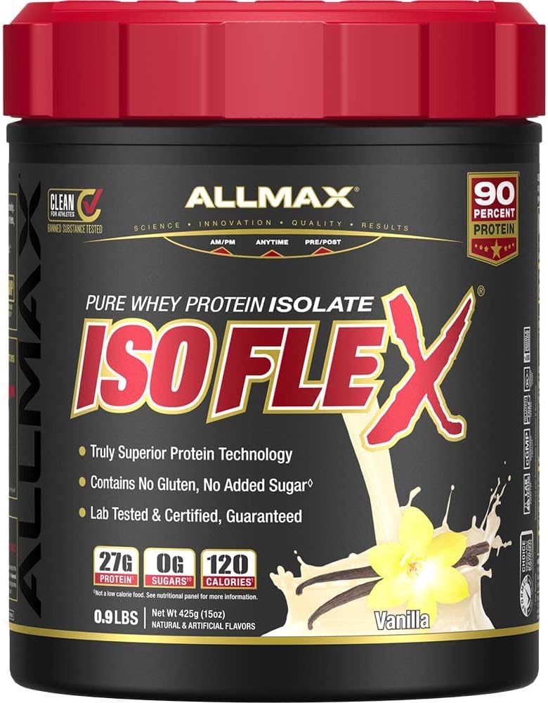 ALLMAX ISOFLEX Whey Protein Isolate, Vanilla - 1 lb - 27 Grams Protein Per Scoop - Zero Fat & Sugar - 99% Χωρίς λακτόζη - Χωρίς γλουτένη & Χωρίς σόγια - Περίπου. 15 Υπηρεσίες