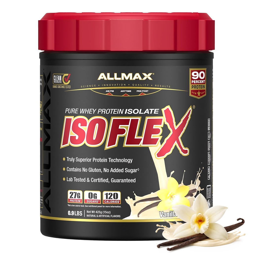 ALLMAX ISOFLEX Whey Protein Isolate, Vanilla - 1 lb - 27 Grams Protein Per Scoop - Zero Fat & Sugar - 99% Χωρίς λακτόζη - Χωρίς γλουτένη & Χωρίς σόγια - Περίπου. 15 Υπηρεσίες