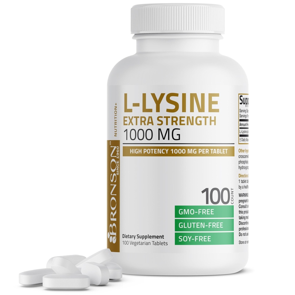 Bronson L- Lysine Extra Strength 1000 MG ανά Tablet Υψηλή Ικανότητα, Ανοσολογική Υποστήριξη & Υποστηρίζει Σύνθεση Κολλαγόνου, Μη ΓΤΟ, 100 Χορτοφαγικά Δισκία