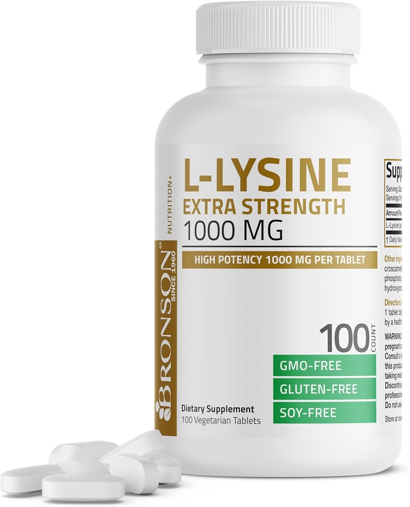 Bronson L- Lysine Extra Strength 1000 MG ανά Tablet Υψηλή Ικανότητα, Ανοσολογική Υποστήριξη & Υποστηρίζει Σύνθεση Κολλαγόνου, Μη- ΓΤΟ, 100 χορτοφαγικά δισκία