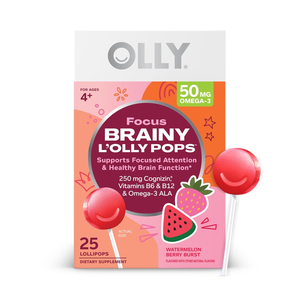 OLLY Focus Buddies L’OLLY Pops, Cognizin, Βιταμίνες B6 και B12, Omega-3 ALA, Υποστηρίζει εστιασμένη προσοχή και υγιή λειτουργία του εγκεφάλου,* Παιδιά 4+ συμπλήρωμα διατροφής, Καρπούζι Φράουλα Γεύση, 25 κόμης