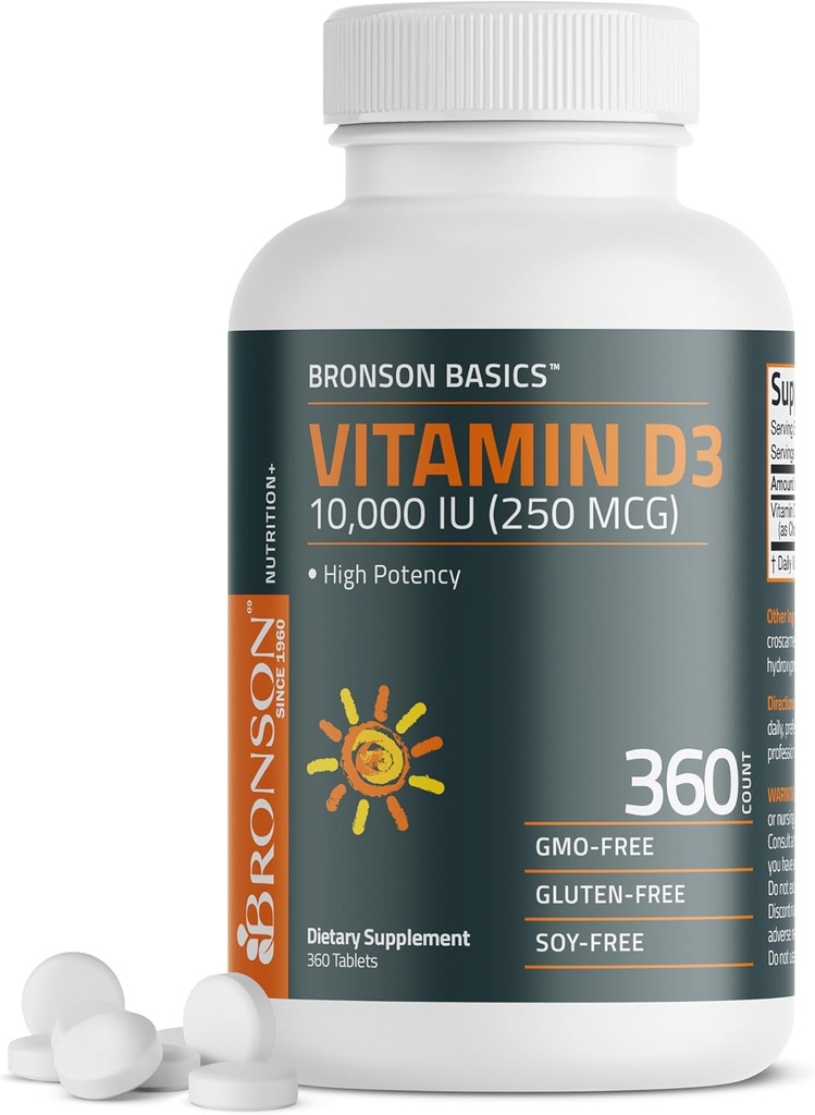 Bronson Βιταμίνη D3 10.000iu (250mcg) 1 έτος προσφοράς για υγιή μυϊκή λειτουργία και ανοσοποιητική υποστήριξη, μη- ΓΤΟ, 360 δισκία