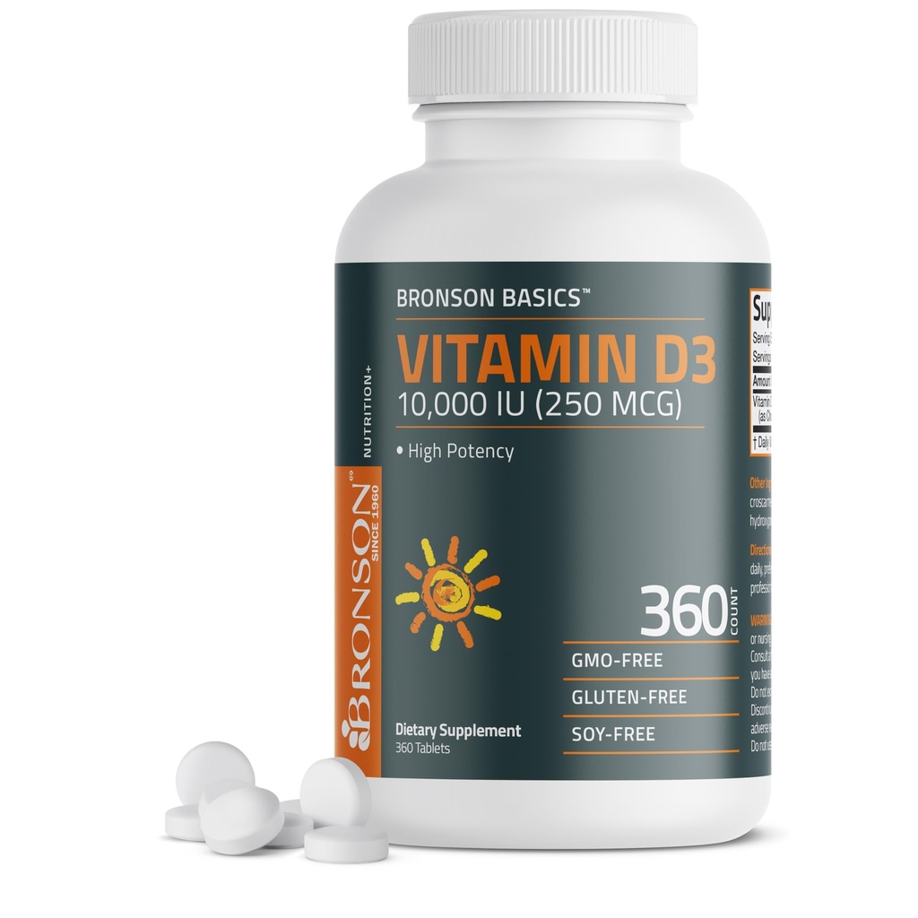 Bronson Βιταμίνη D3 10.000iu (250mcg) 1 έτος προσφοράς για υγιή μυϊκή λειτουργία και ανοσοποιητική υποστήριξη, μη- ΓΤΟ, 360 δισκία