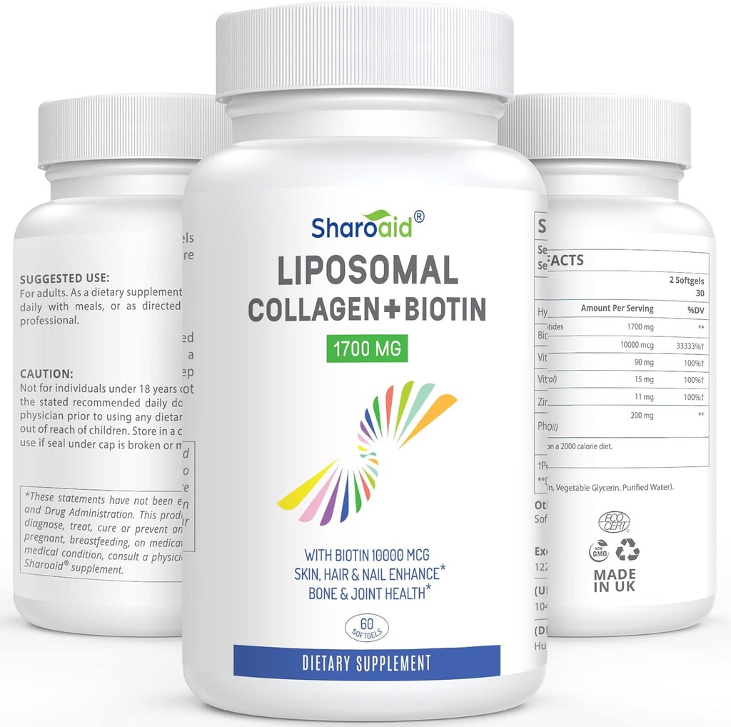 Liposomal Hydrolyzed Collagen Peptides 1700mg και Biotin 10000mcg συμπληρώματα για γυναίκες, άνδρες, υψηλή απορρόφηση, Vitamin E,C και κάψουλες ψευδάργυρου για το δέρμα, την ανάπτυξη του αέρα, Joint και νύχια,60 Softgels