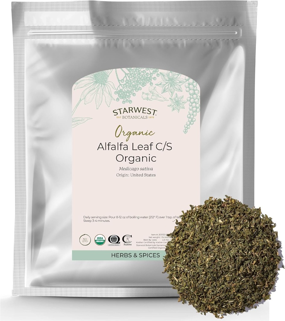 Αστροδυτικά Βοτανικά Βιολογικά Alfalfa Leaf - Αποξηραμένα χαλαρά φύλλα βοτάνων για διατροφή, χρήση σε τσάι, χυμό, & smoothies, κομμένα & κοφτερά, πιστοποιημένα Kosher, μη-GMO - Μαζική τσάντα 1 lb