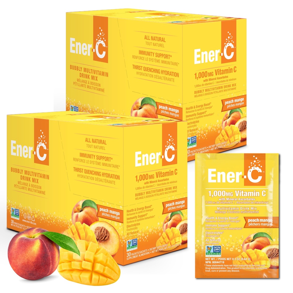 Ener-C Multivitamin Drink Mix - Βιταμίνη Πακέτα για το νερό, Ηλεκτρολυτές Powder Packets, Βιταμίνη Drink Mix, Ενυδάτωση Υγρό Mix, Ανοσοποιητικό Αναμνηστικό για Ενήλικες, Υγιεινή Ενέργεια - Ροδάκινο Mango, 60 Count