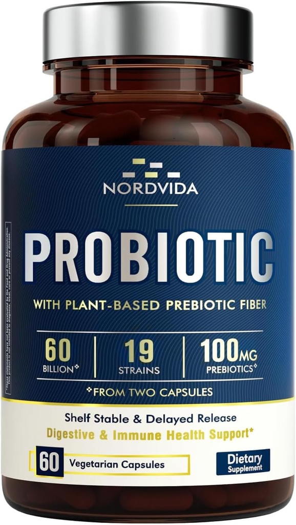 Probiotic 60 Δισεκατομμύρια στεφάνες με οργανικό προβιοτικό για άνδρες και γυναίκες, Digestive & Immune Health, Rafium Stable Καθυστερημένη απελευθέρωση, μη-GMO Όχι γαλακτοκομικά, 60 Vegan Caps