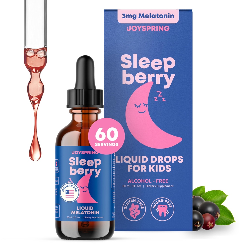 JoySpring Sleepberry Kids Μελατονίνη 3 mg – Υγρή Βοήθεια Ύπνου με L Theanine, Υψηλής Απορρόφησης σταγόνες μούρου (2 fl oz) 60 Μερίδες, Παιδική Μελατονίνη με Βιταμίνη D Παιδιά Ταξίδι Απαραίτητα