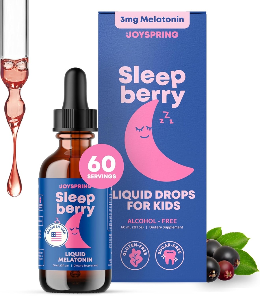 JoySpring Sleepberry Kids Μελατονίνη 3 mg – Υγρή Βοήθεια Ύπνου με L Theanine, Υψηλής Απορρόφησης σταγόνες μούρου (2 fl oz) 60 Μερίδες, Παιδική Μελατονίνη με Βιταμίνη D Παιδιά Ταξίδι Απαραίτητα